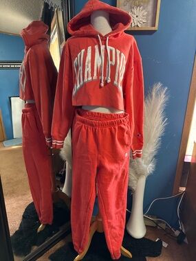 Champion Red Cropped Hoodie (small )  and Jogger ( medium) Set
